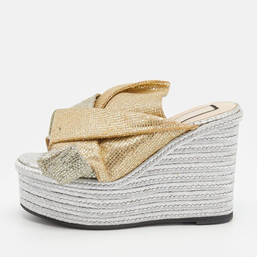 N21 Silver/gold Glitter Fabric Raso Knot Espadrille Platform Wedge Sandals Size